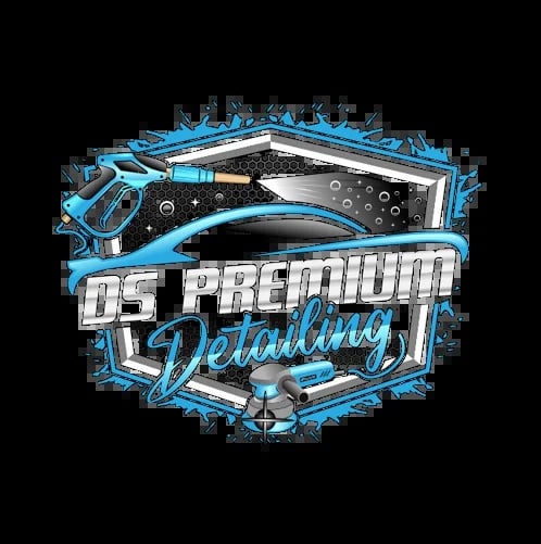 DS Premium Detailing logo featuring blue and silver car wash design with splashing water effect on black background